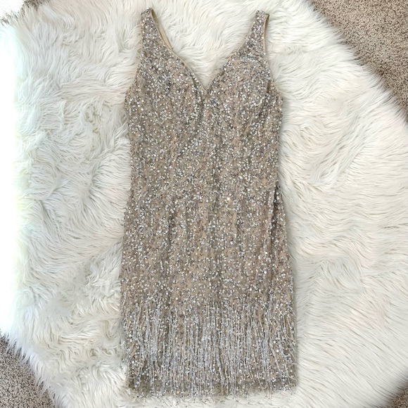 NWT Mac Duggal Silver Sequin Fringe Mini Dress - Picture 16 of 16